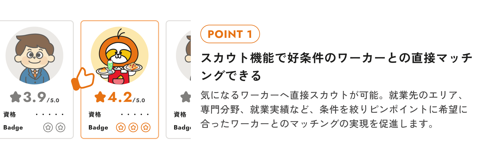 求人にマッチしたワーカーのプロフィールカード(評価・資格・実績バッジ)のイメージ